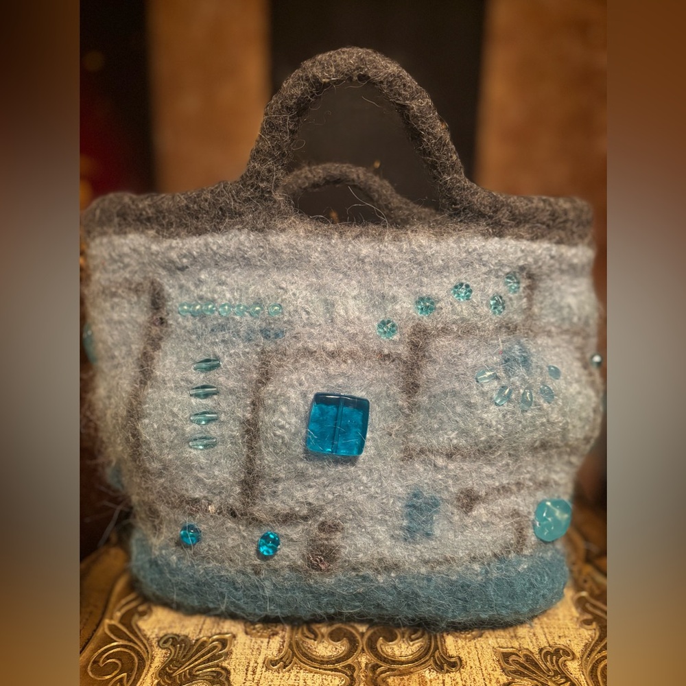 Uniquely Handcrafted One-of a-Kind Blue/Grey Mohair Beaded Women's Handbag